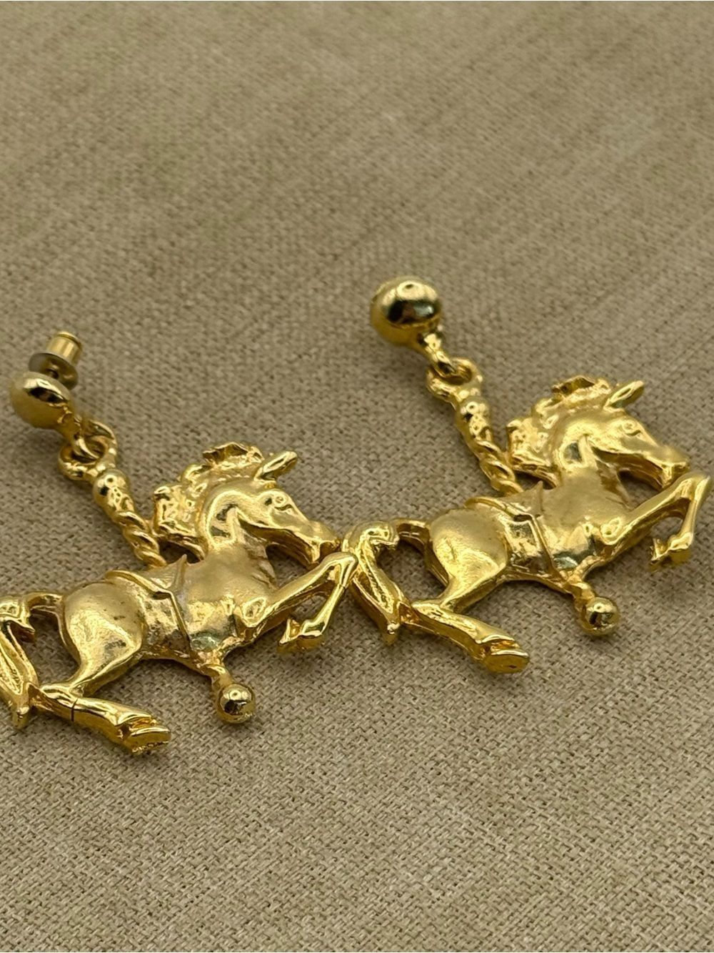 Large Gold tone pierced Horse Dangle Earrings